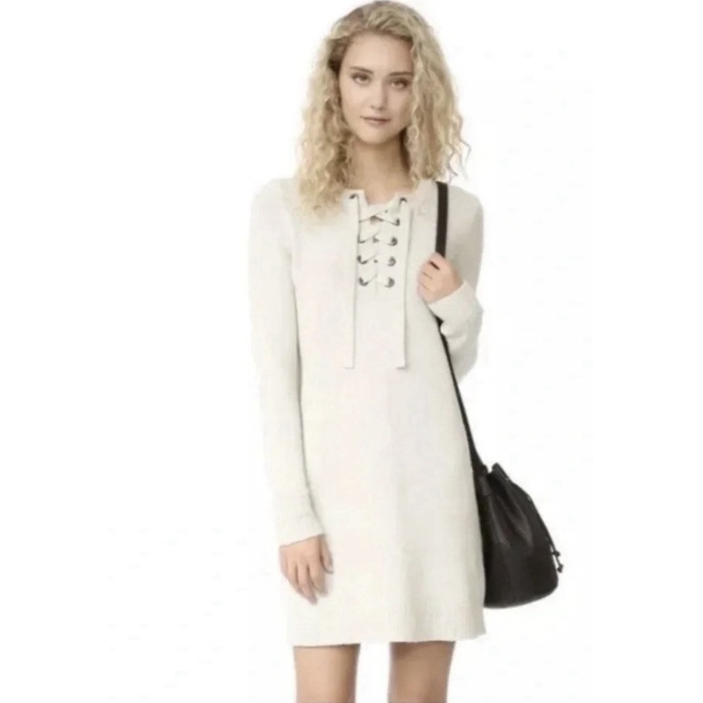 Madewell Merino Wool Lace Up Sweater Dress Womens Small Oatmeal Long Sleeve Boho